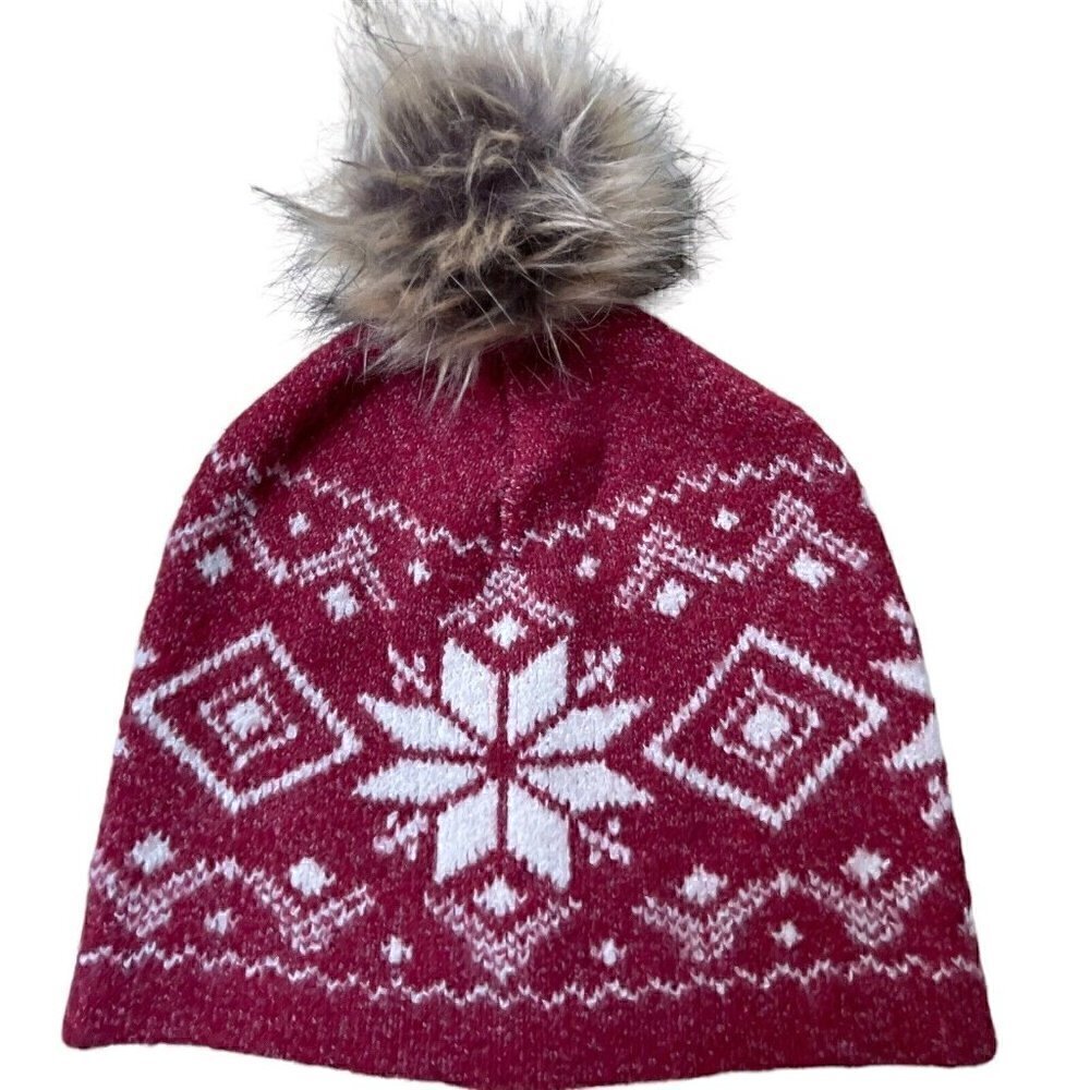 Christian Siriano Pom Beanie Nordic Snow Winter Hat Red Women’s OS Faux Fur XMAS